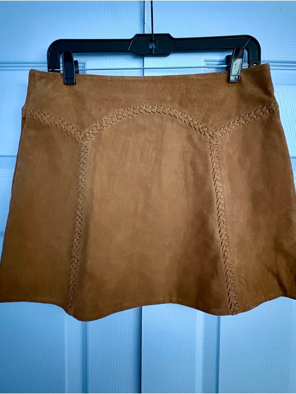 RETROFETE Suede A-Line Mini Skirt in Cognac Brown w braided stitching sz M
